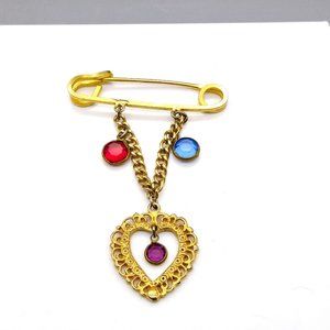 Colorful Heart Chatelaine Brooch, Vintage Gold Tone Kilt Pin with Dangling